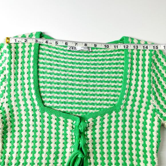 Zara Cropped Knit Blouse Medium Green White Pattern Cropped Knit Tie Front S/M - Picture 7 of 12